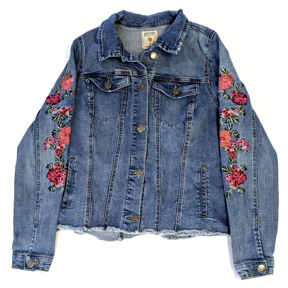 Ruff Hewn Jackets & Blazers - Ruff Hewn Floral Embroidered Denim Jacket Medium Wash Raw Hem Womens Size M
